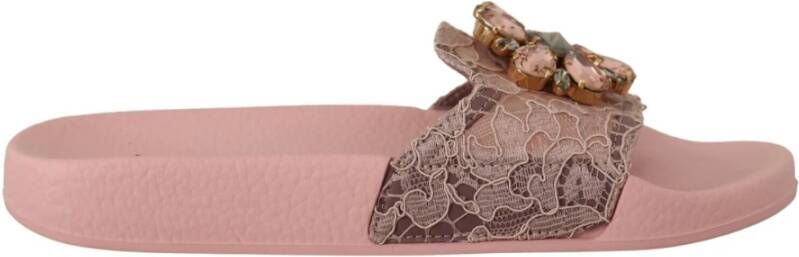 Dolce & Gabbana Roze Kant Kristal Sandalen Slides Pink Dames