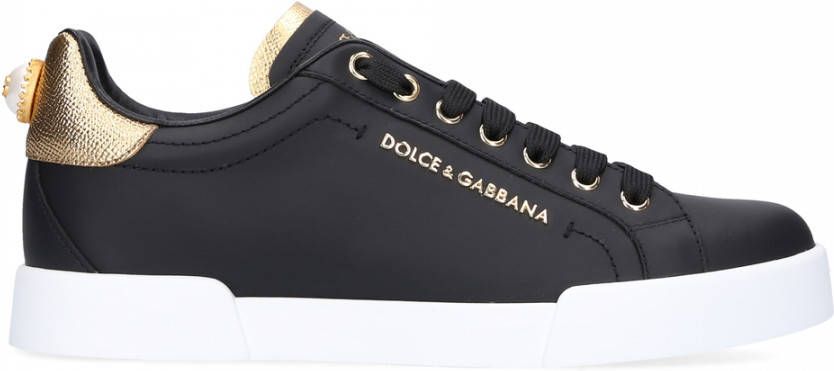 Dolce & Gabbana Portofino Sneakers van Zwart Leer met Logo Parel Black Dames