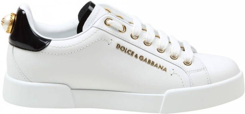 Dolce & Gabbana Portofino Sneakers Wit Goud Leer Witte Sneaker met Zwarte Hak Yellow White Dames