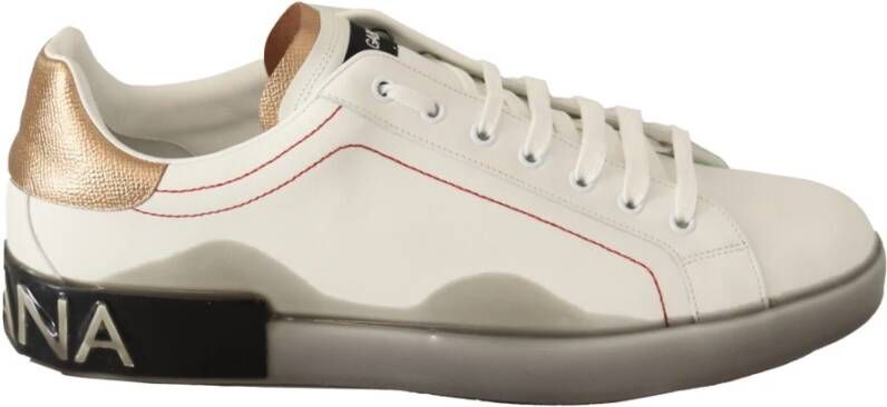 Dolce & Gabbana White Gold Leather Low Top Sneakers Wit Heren