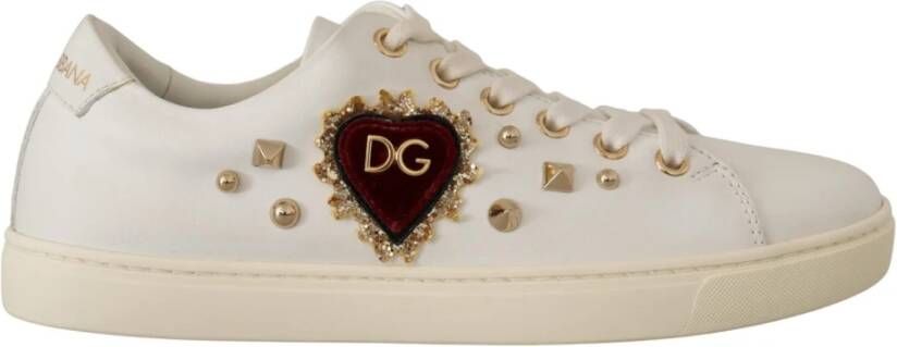 Dolce & Gabbana Leren Sneakers met Gouden Studs en Rood Fluweel Hart Borduurwerk White Dames