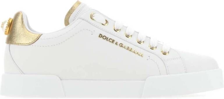 Dolce & Gabbana Witte leren sneakers met gouden en witte logo-applicaties White Dames