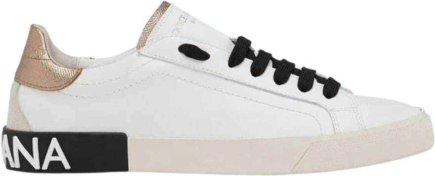 Dolce & Gabbana Witte Zwarte en Goudkleurige Portofino Lage Sneakers White Dames