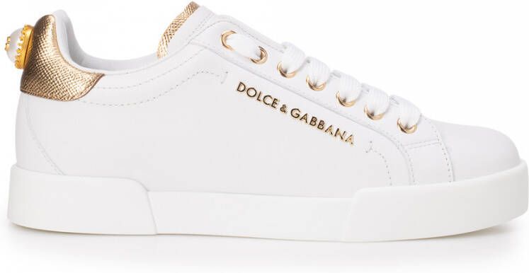 Dolce & Gabbana Witte leren sneakers met gouden en witte logo-applicaties White Dames