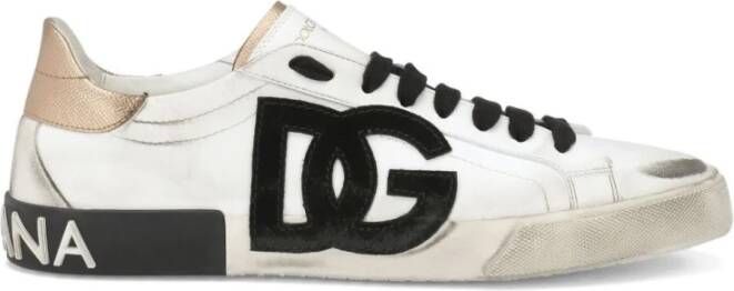 Dolce & Gabbana Witte en Goudkleurige Portofino Lage Sneakers White Heren