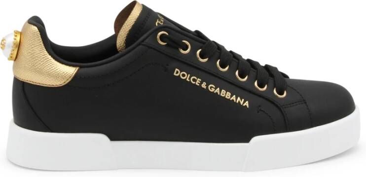 Dolce & Gabbana Portofino Sneakers van Zwart Leer met Logo Parel Black Dames