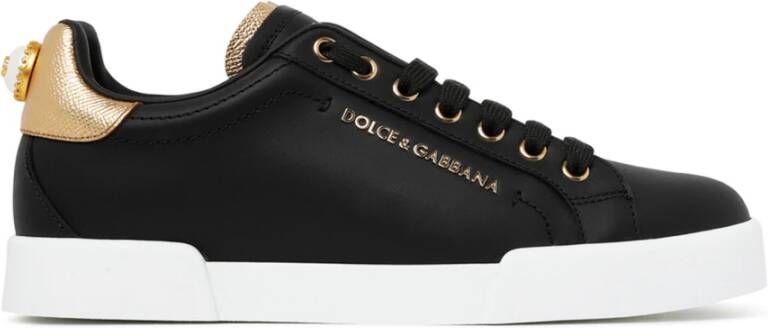 Dolce & Gabbana Portofino Sneakers van Zwart Leer met Logo Parel Black Dames
