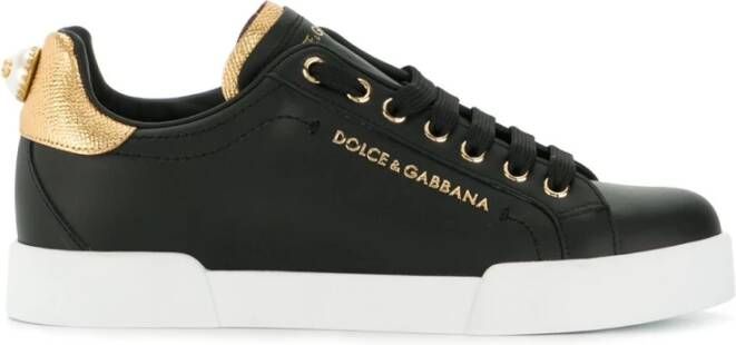 Dolce & Gabbana Portofino Sneakers van Zwart Leer met Logo Parel Black Dames