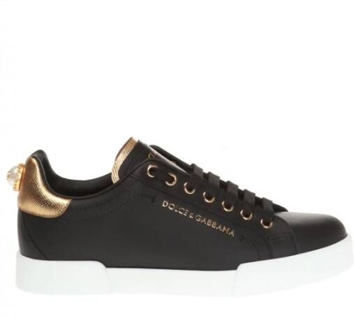 Dolce & Gabbana Portofino Sneakers van Zwart Leer met Logo Parel Black Dames