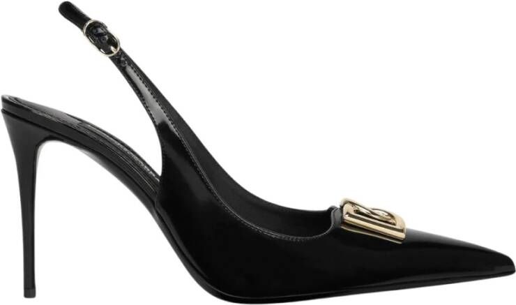 Dolce & Gabbana Glanzend Leren Slingback Pumps met Gouden Metalen DG Monogram Black Dames