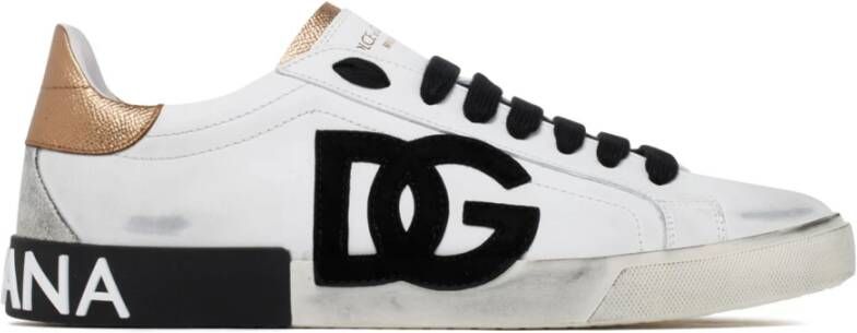 Dolce & Gabbana Witte en Goudkleurige Portofino Lage Sneakers White Heren