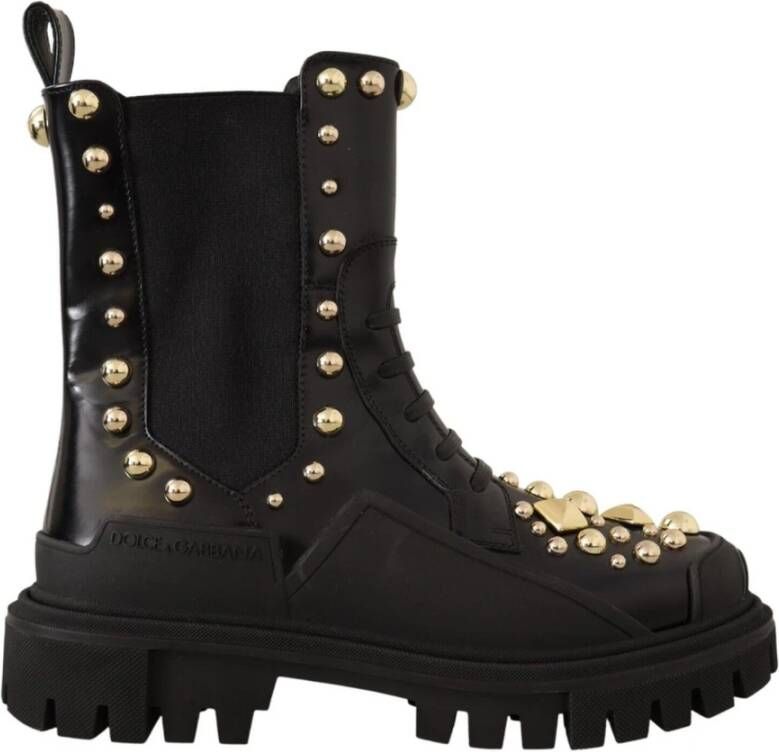 Dolce & Gabbana Black Leather Studded Combat Boots Zwart Dames