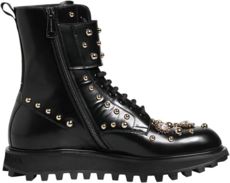 Dolce & Gabbana Studded Lace-Up Leren Mid Calf Laarzen