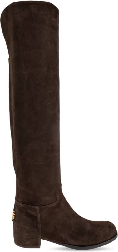 Dolce & Gabbana Bruine kniehoge suède laarzen met logoplaat