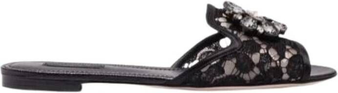 Dolce & Gabbana Black Taormina Lace Crystal Bianca Slides Shoes Zwart Dames