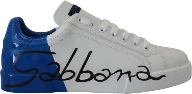 Dolce & Gabbana White Blue Leather Logo Print Sneakers Wit Heren