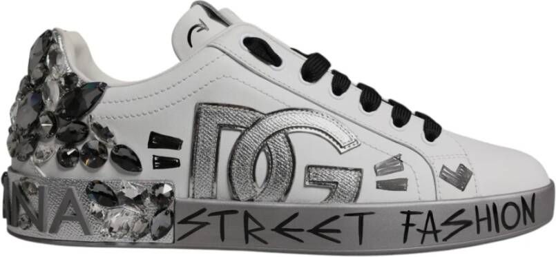 Dolce & Gabbana White Silver Crystal Portofino Sneakers