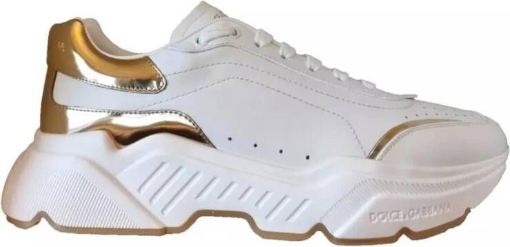 Dolce & Gabbana Gouden Leren Lage Sneakers met Logo Details White Heren