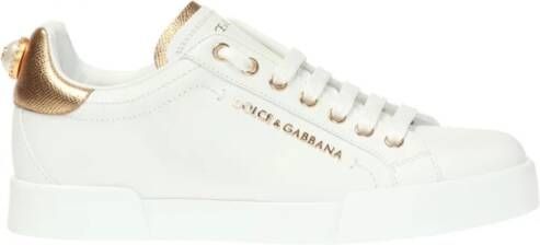 Dolce & Gabbana Witte leren sneakers met gouden en witte logo-applicaties White Dames