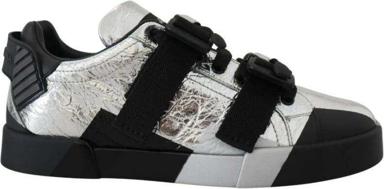 Dolce & Gabbana Zilver en Zwart Leren Lage Sneakers Black