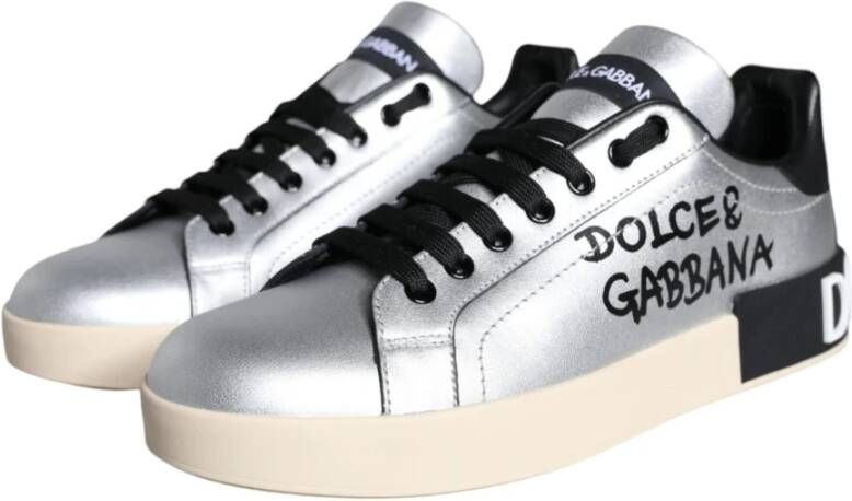 Dolce & Gabbana Zilver Zwart Leren Sneakers Rubberen Zool Gray Dames