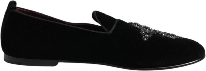 Dolce & Gabbana Zwart Velvet Kristal Kroon Loafers