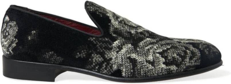 Dolce & Gabbana Zwarte Bloemen Loafers Fluweel Leer Multicolor Heren