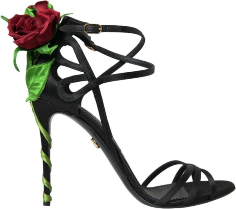 Dolce & Gabbana Zwarte Bloemrijke Satijnen Stiletto Hakken Black Dames