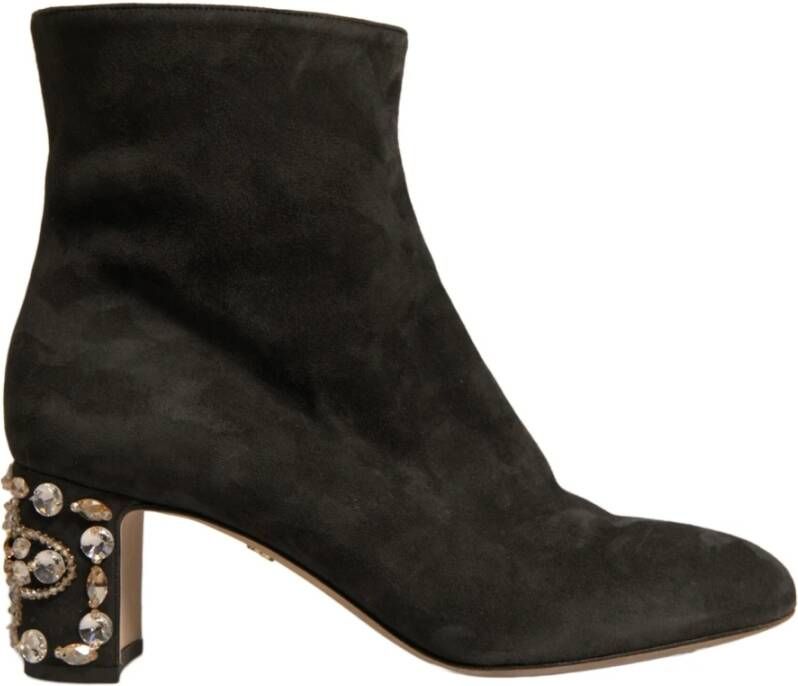 Dolce & Gabbana Zwarte Enkelboots met Versierde Hak