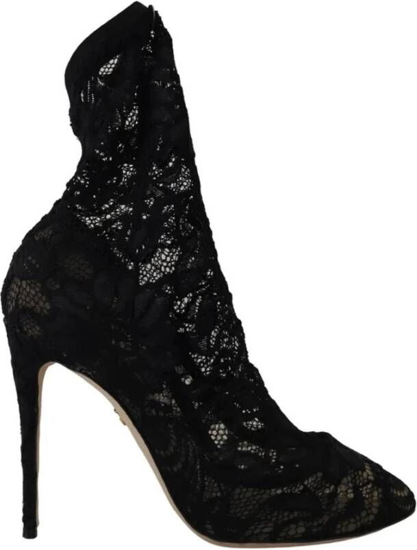 Dolce & Gabbana Black Stretch Socks Taormina Lace Boots Shoes Zwart Dames