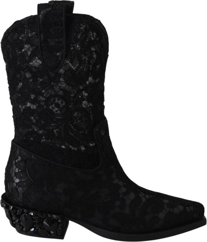 Dolce & Gabbana Zwarte Lace Taormina Enkel Cowboy Kristal Schoenen Black Dames