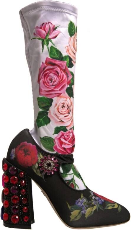 Dolce & Gabbana Zwarte Kristallen Laarzen met Bloemenprint