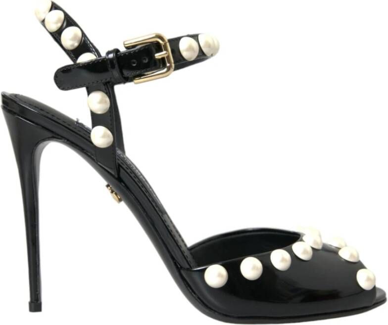 Dolce & Gabbana Zwarte Leren Hakken Sandalen met Parels Black Dames