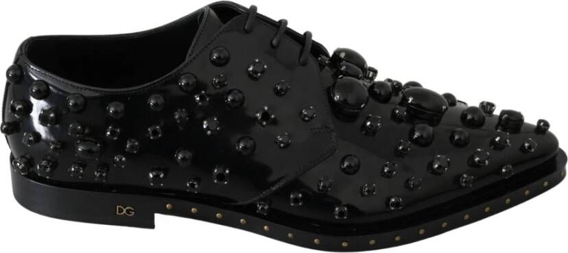 Dolce & Gabbana Zwarte Leren Jurkschoenen met Zwarte Kristallen Black Heren