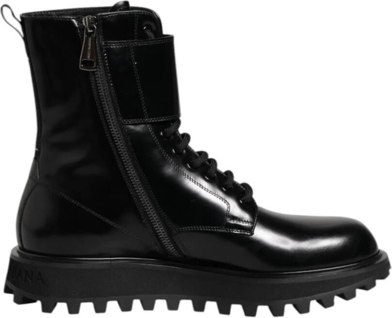 Dolce & Gabbana Zwarte leren veterschoenen tot halverwege de kuit