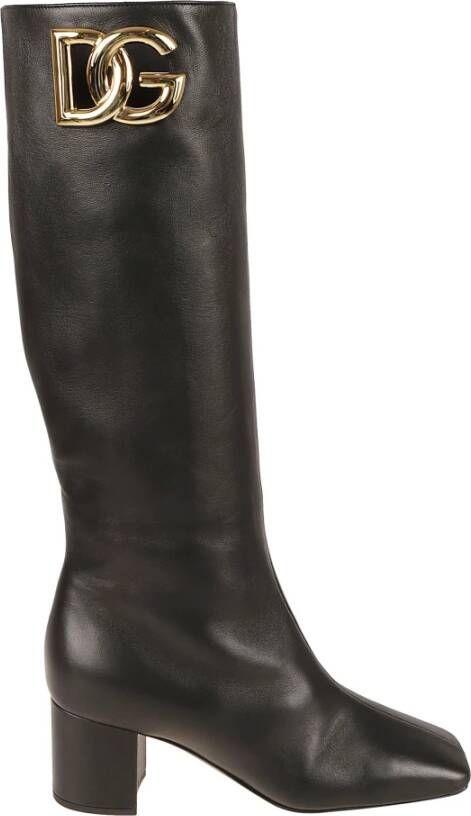 Dolce & Gabbana Leren laarzen met goudkleurige logohardware Black Dames