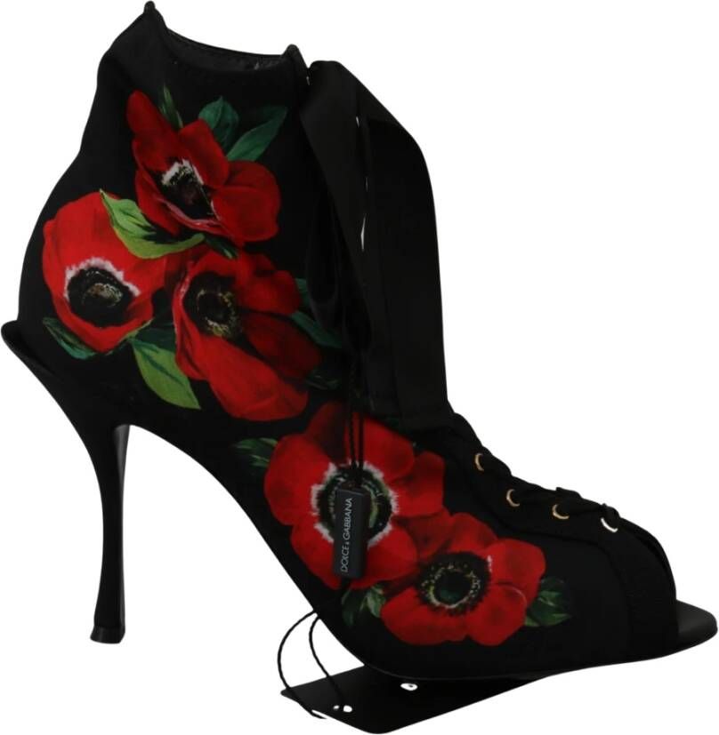 Dolce & Gabbana Zwarte Rode Rozen Enkellaarsjes Schoenen Black Dames