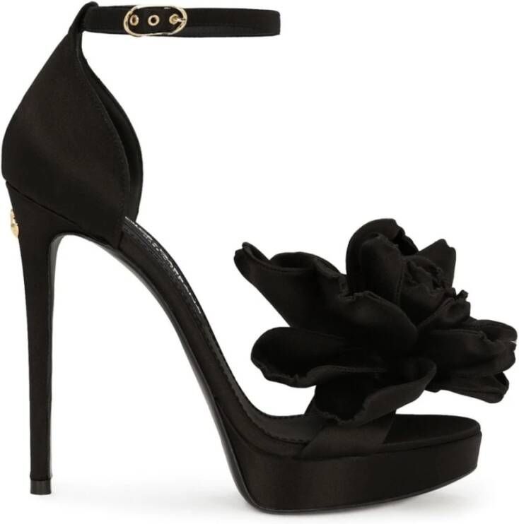Dolce & Gabbana Zwarte Satijnen Plateau Sandalen met Bloemdetail Black Dames