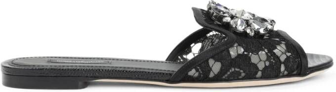 Dolce&Gabbana Sandalen Black Flat Sandals With Delicate Lace Design in grijs