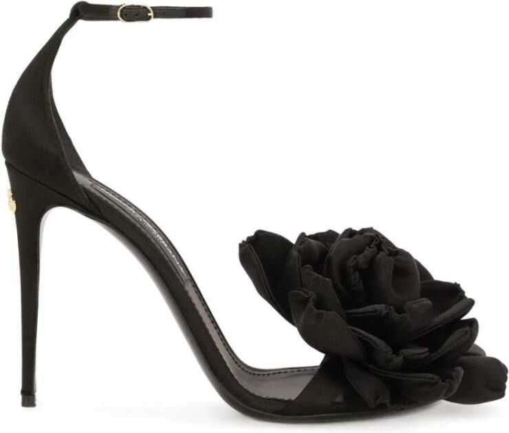 Dolce & Gabbana Zwarte Satijnen Bloem Sandalen Black Dames