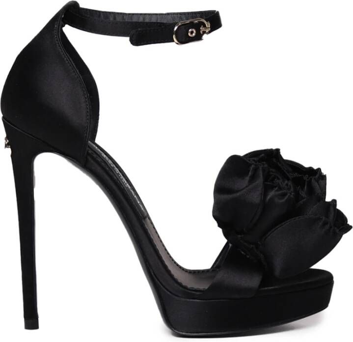 Dolce & Gabbana Zwarte Satijnen Plateau Sandalen met Bloemdetail Black Dames