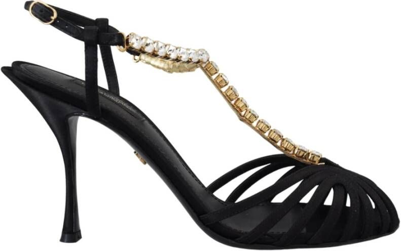 Dolce & Gabbana Zwarte Satijnen T-Strap Sandalen met Kristalversiering Zwart Dames