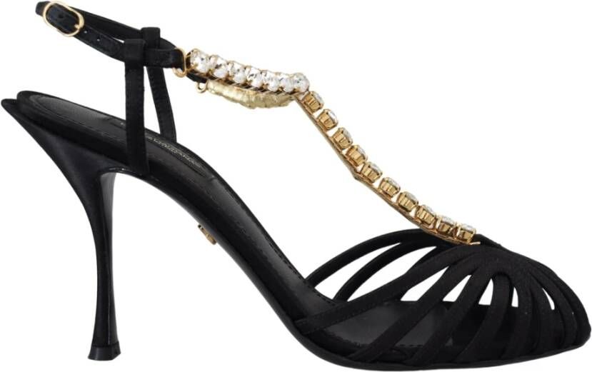 Dolce & Gabbana Zwarte Satijnen T-Strap Sandalen met Kristalversiering Black Dames