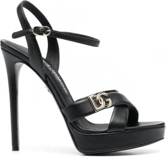Dolce & Gabbana Zwarte Stiletto Sandalen met Goudkleurig Logo Black Dames