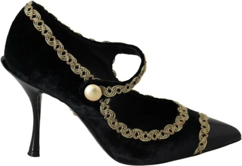 Dolce & Gabbana Black Embellished Velvet Mary Jane Pumps Shoes Zwart Dames