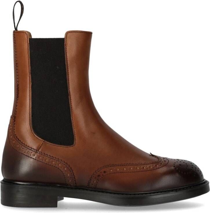 Doucal's Bruine Leren Chelsea Laars met Brogue Details Brown Dames