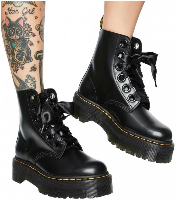 Dr. Martens Zwarte Leren Platformlaars met Decoratieve Stiksels Black Dames