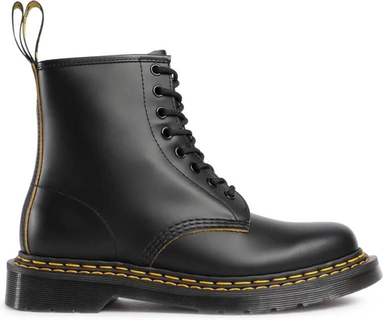 Dr. Martens Zwarte Leren Laarzen Dubbele Stiksels Gele Rand