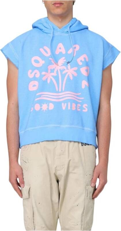 Dsquared2 Blauwe Mouwloze Hoodie met Palmboom Grafisch