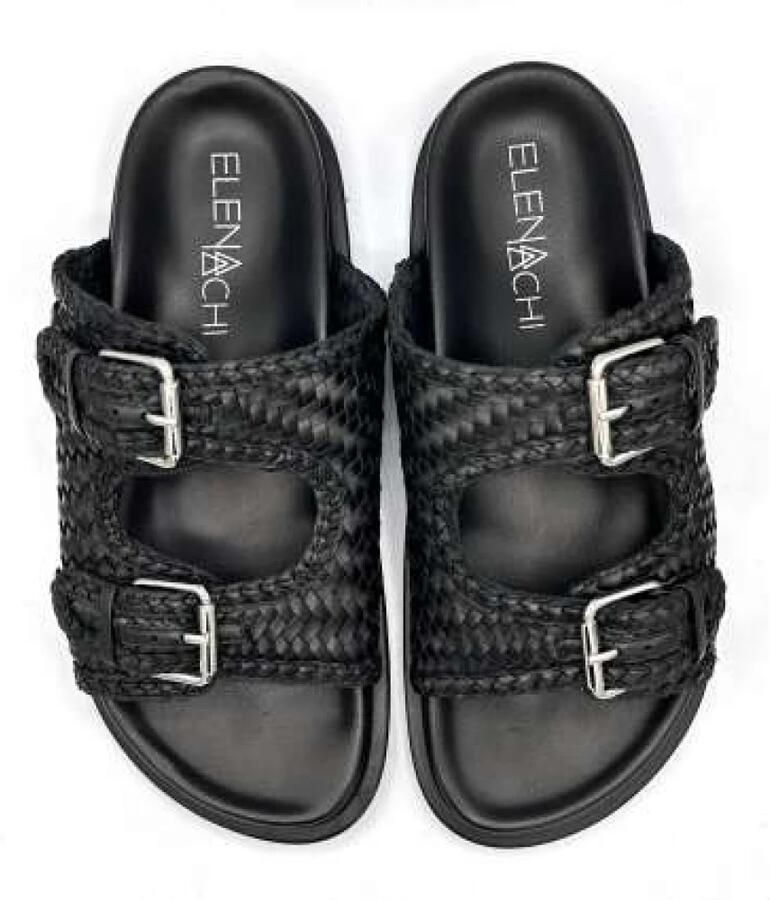 Elena Iachi Gevlochten leren platte sandaal zwart